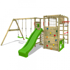 échelle descalade & accessoires de jeux Maison enfant exterieur avec bac à sable FATMOOSE Aire de jeux Portique bois TreasureTower avec balançoire et toboggan rouge